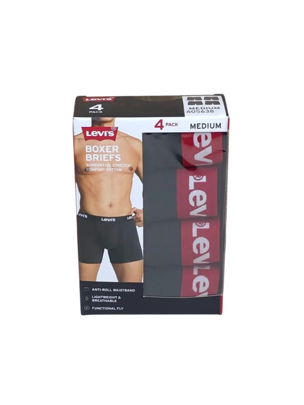 Levis Mens M 4-Pack Boxer Briefs Supportive Stretch Cotton Anti-Roll Waistband